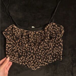 Garage Black Leopard-Pattern Crop Cami with Gold Accents